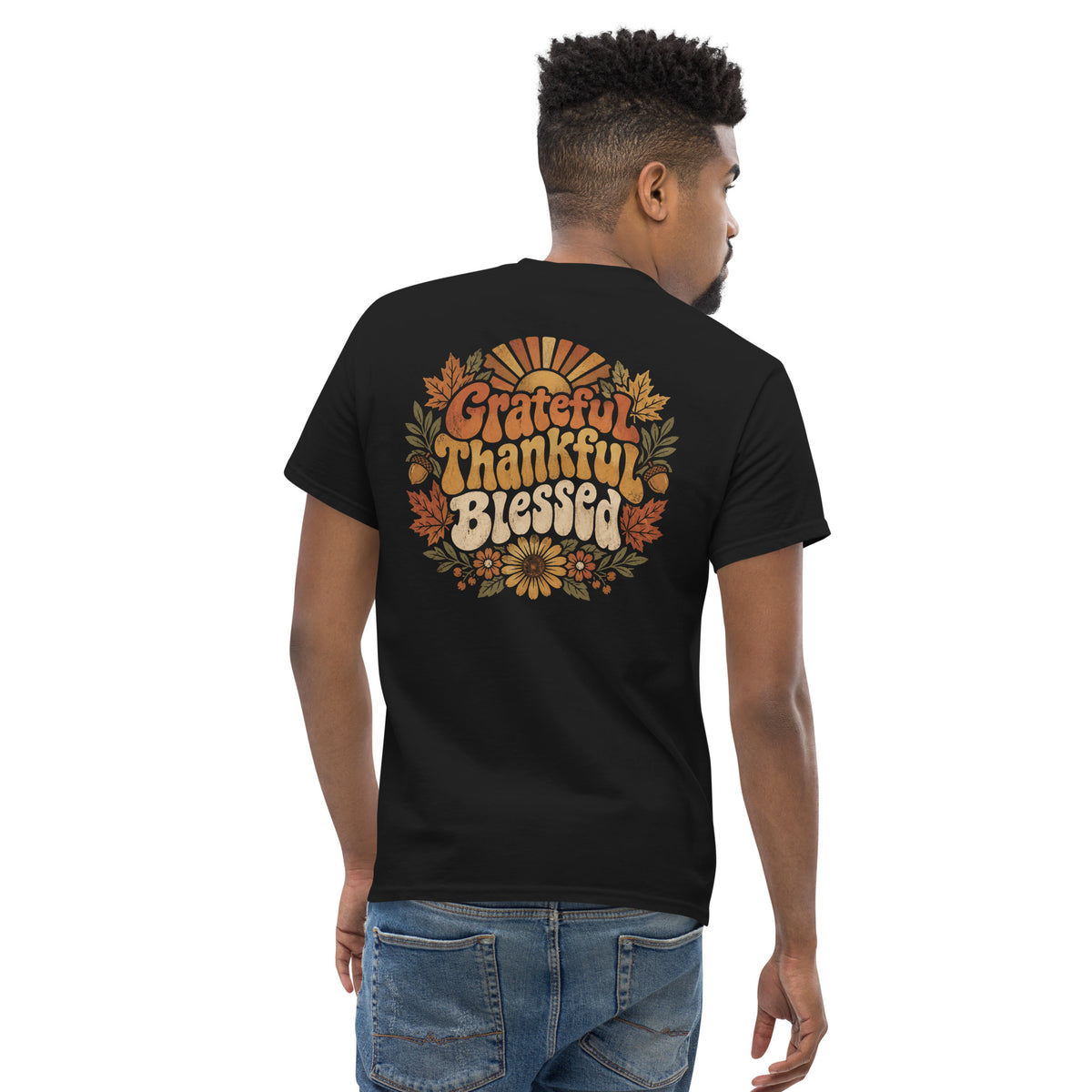 Grateful Thankful Blessed tee with retro lettering, sunflowers, and fall leaves — alternate view
