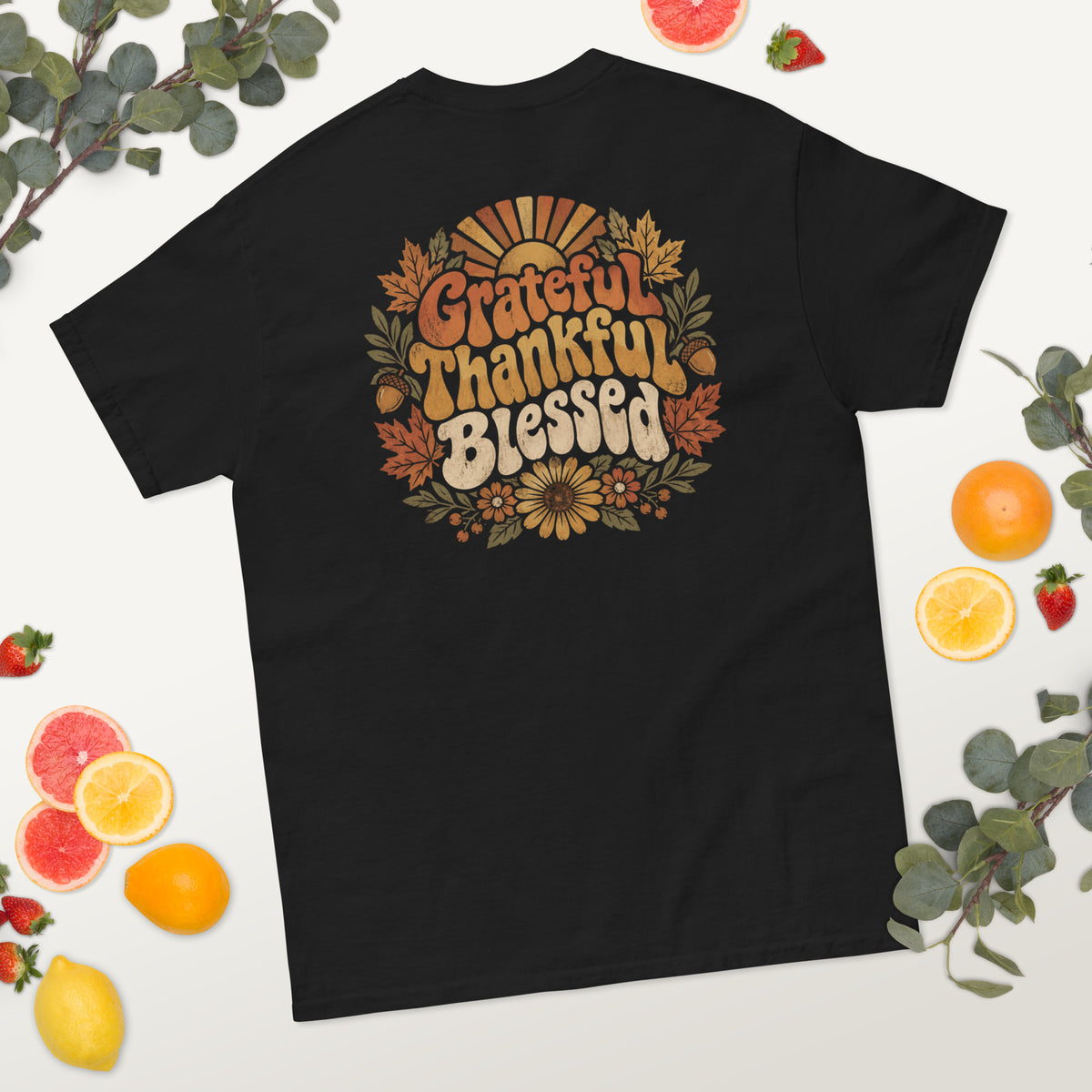 Grateful Thankful Blessed tee with retro lettering, sunflowers, and fall leaves — alternate view