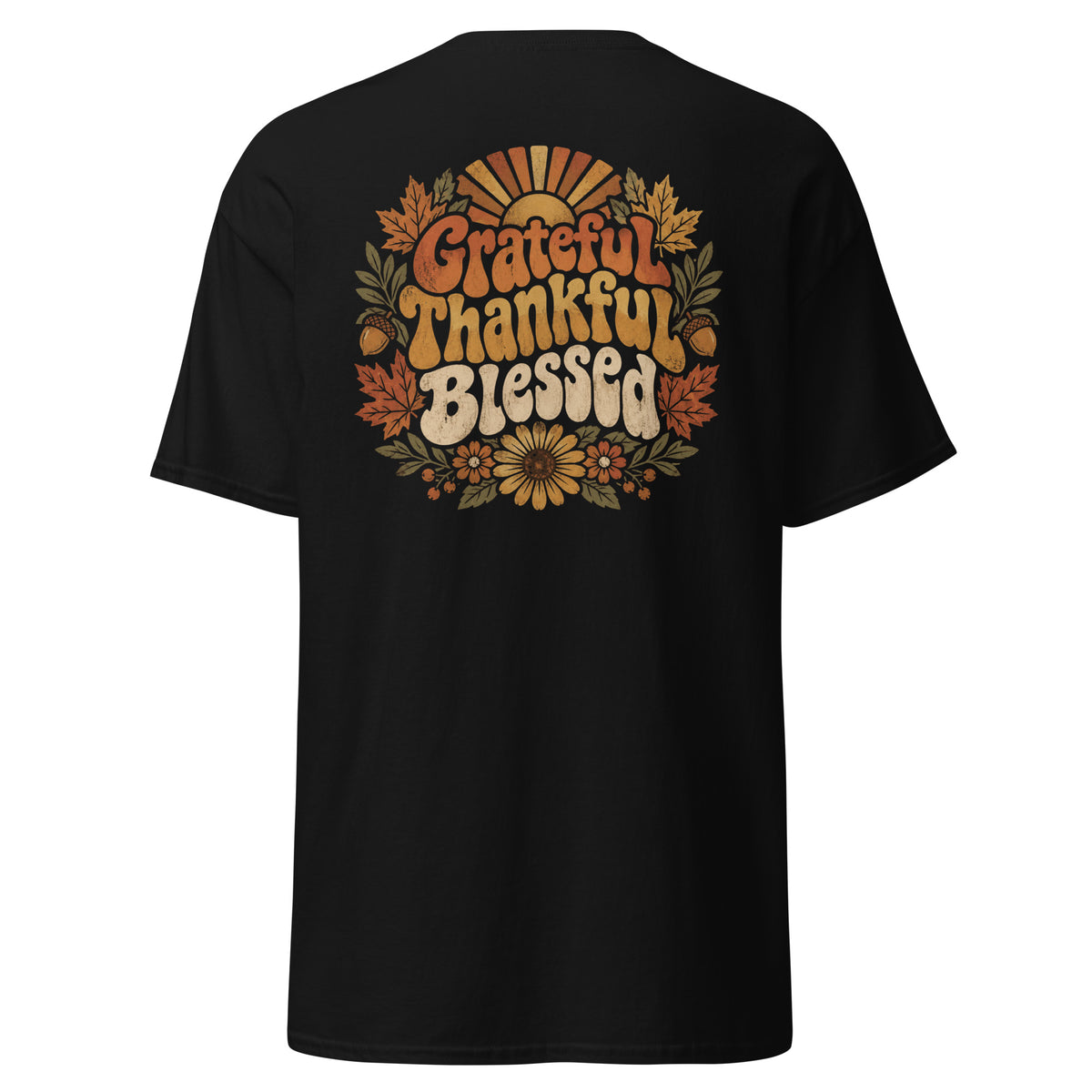 Back print of the Grateful Thankful Blessed tee with retro lettering, sunflowers, and fall leaves