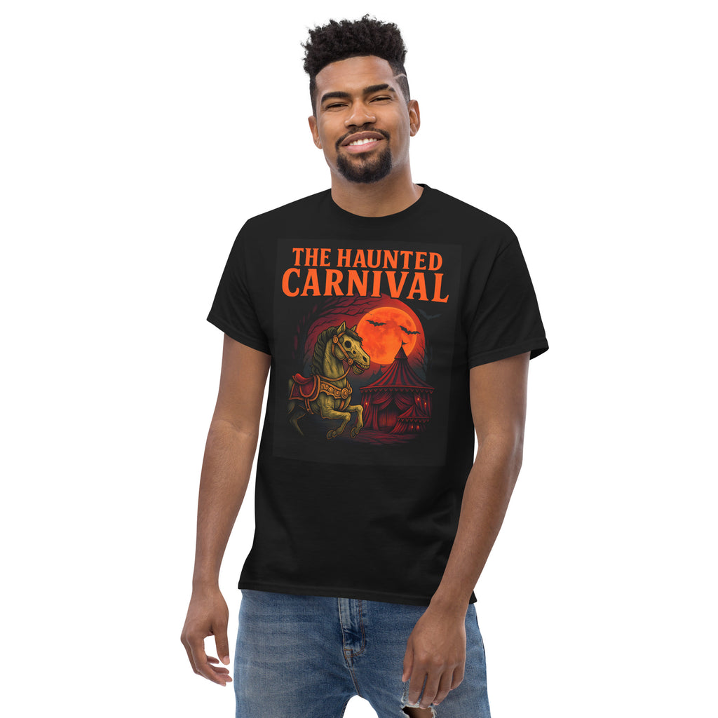 The Haunted Carnival Halloween 26 tee, black unisex shirt with creepy carnival print