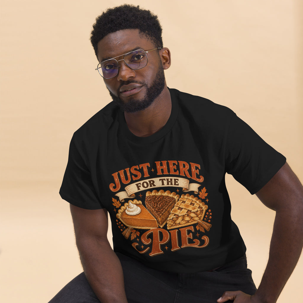 Just Here For The Pie Thanksgiving tee with pumpkin, pecan, and lattice pie slices — alternate view
