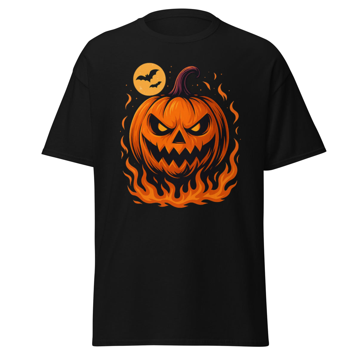 A black short-sleeve crewneck t-shirt featuring a large graphic print of a glowing orange jack-o'-lantern pumpkin with flames rising from it, set against a plain white background.