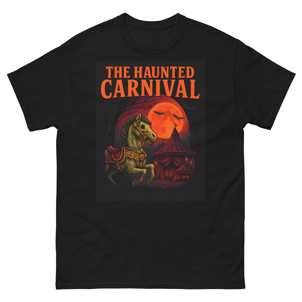 The Haunted Carnival limited edition Halloween graphic tee in black, skeletal carousel horse under a blood moon