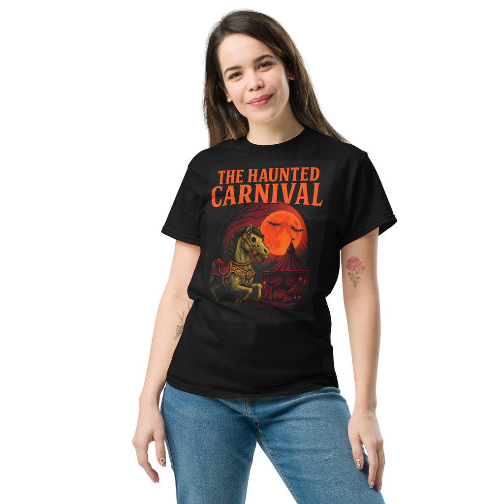 Creepy carnival Halloween shirt with circus tent, bats, and carousel horse design