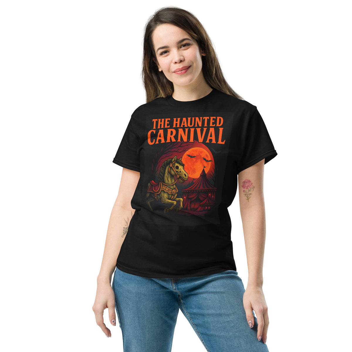 Creepy carnival Halloween shirt with circus tent, bats, and carousel horse design