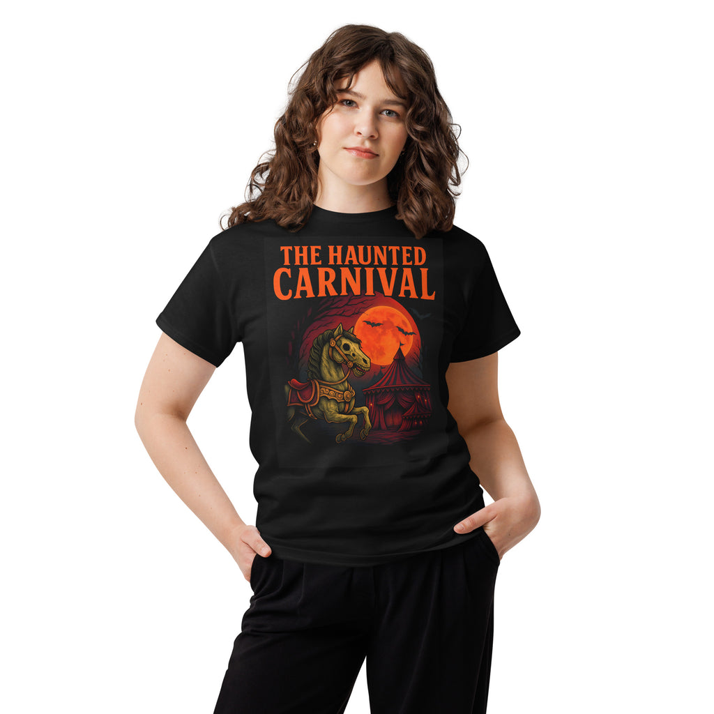 Limited edition Haunted Carnival Halloween tee in black, vintage horror poster art