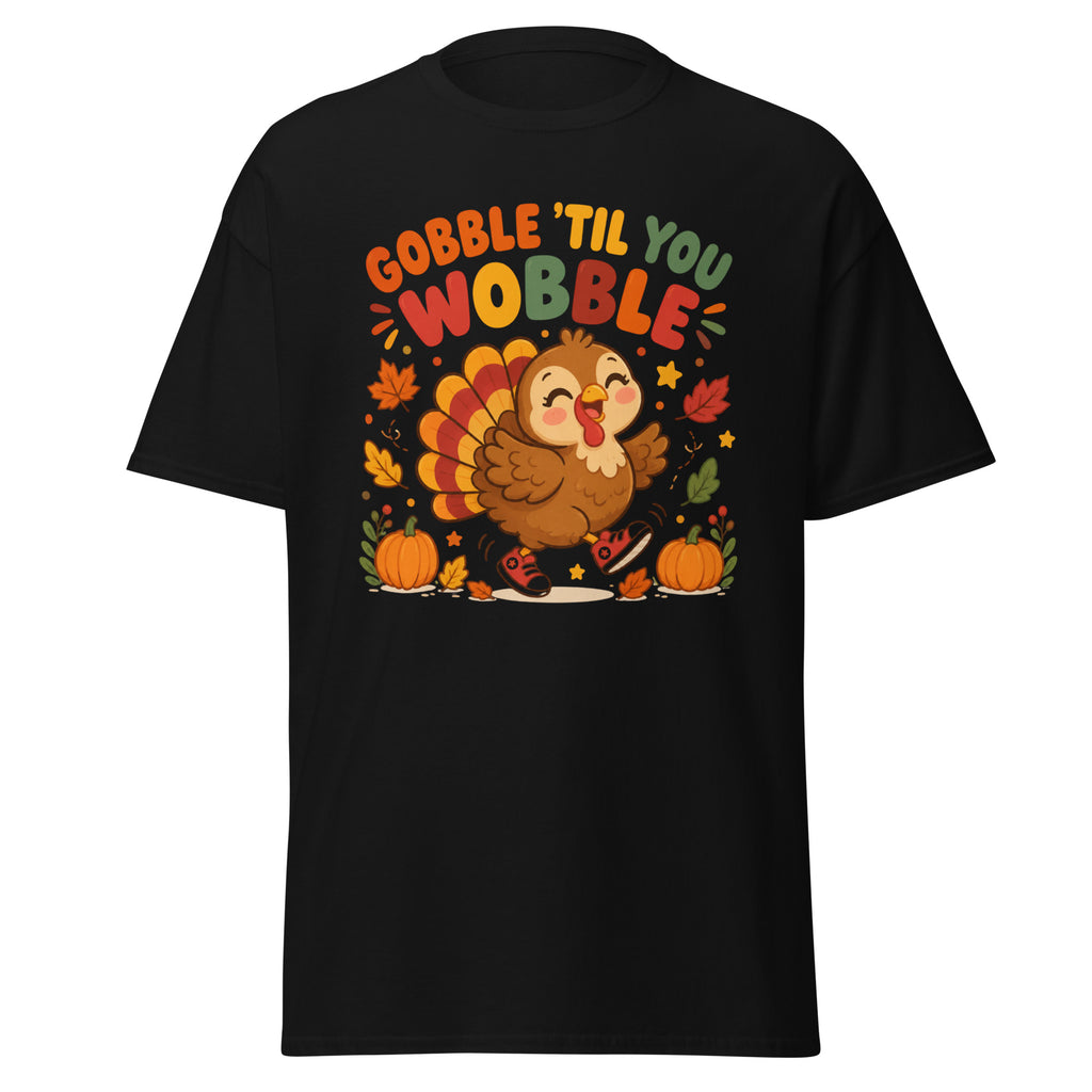 Gobble Til You Wobble Thanksgiving tee with a dancing cartoon turkey and pumpkins — alternate view