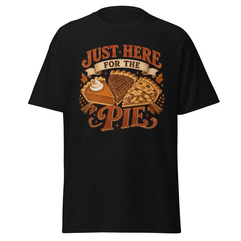 Just Here For The Pie Thanksgiving tee with pumpkin, pecan, and lattice pie slices — alternate view