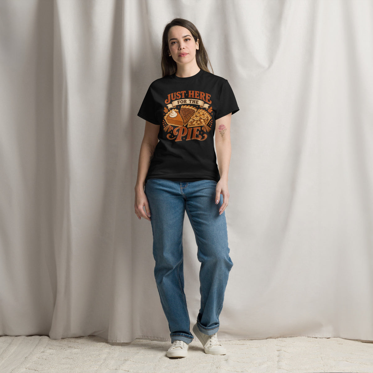 Just Here For The Pie Thanksgiving tee with pumpkin, pecan, and lattice pie slices — alternate view