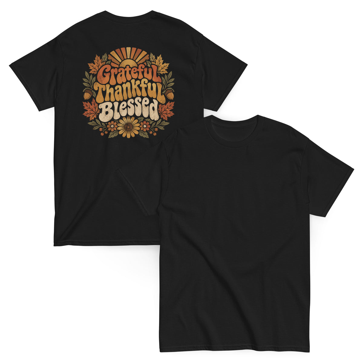 Grateful Thankful Blessed tee with retro lettering, sunflowers, and fall leaves — alternate view