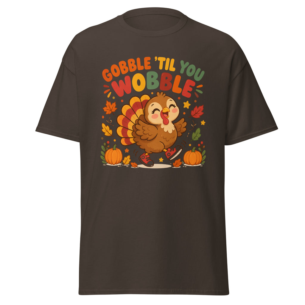 Gobble Til You Wobble Thanksgiving tee with a dancing cartoon turkey and pumpkins — alternate view