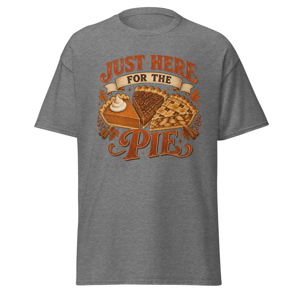 Just Here For The Pie Thanksgiving tee with pumpkin, pecan, and lattice pie slices — alternate view