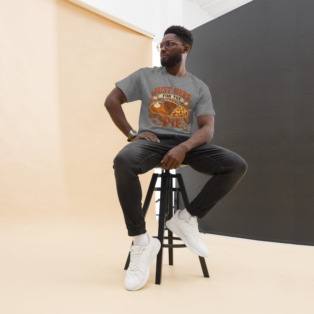 Just Here For The Pie Thanksgiving tee with pumpkin, pecan, and lattice pie slices — alternate view