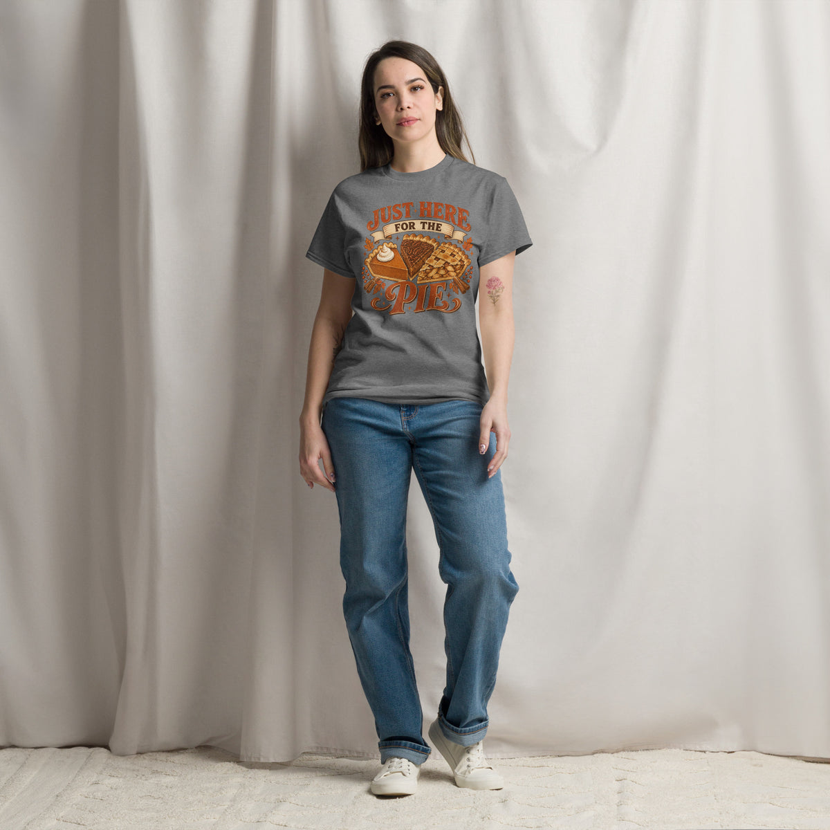 Just Here For The Pie Thanksgiving tee with pumpkin, pecan, and lattice pie slices — alternate view