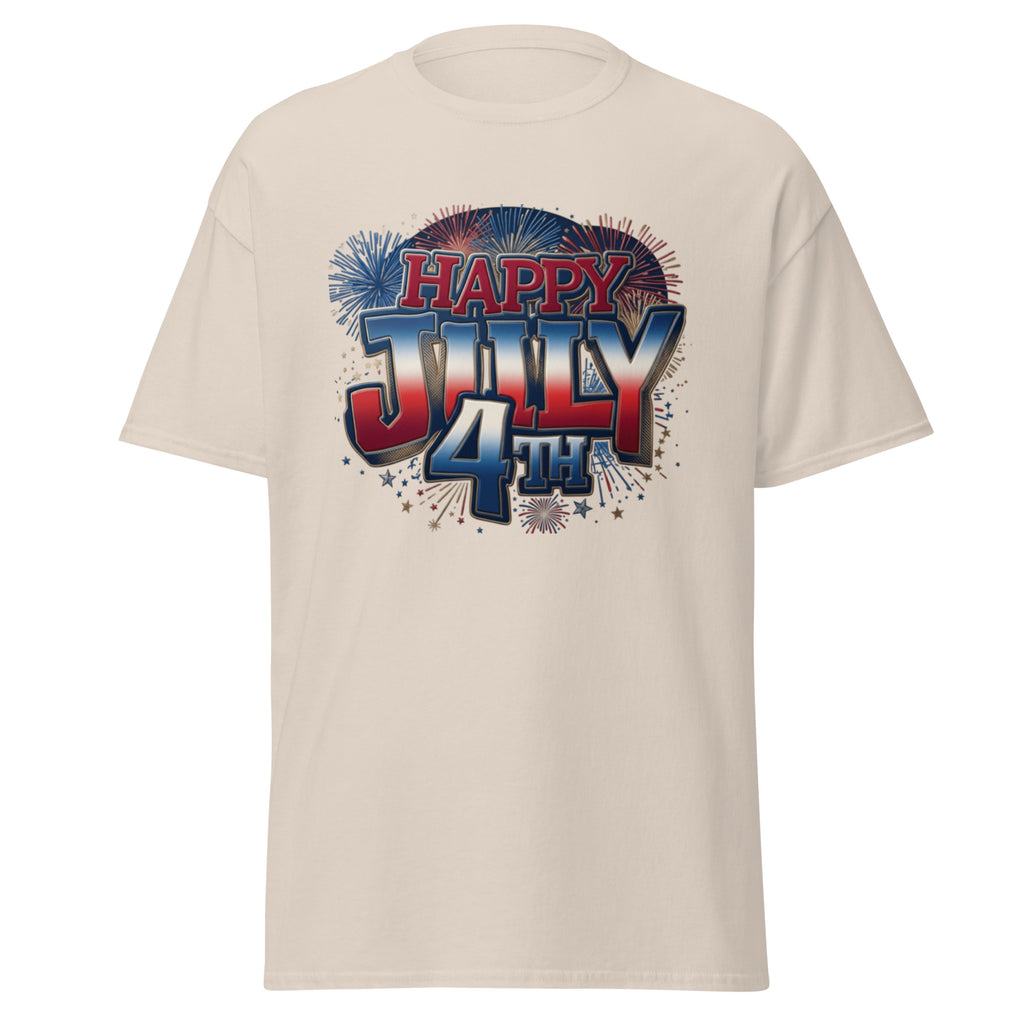 Happy 4th of July patriotic t-shirt in natural, front view