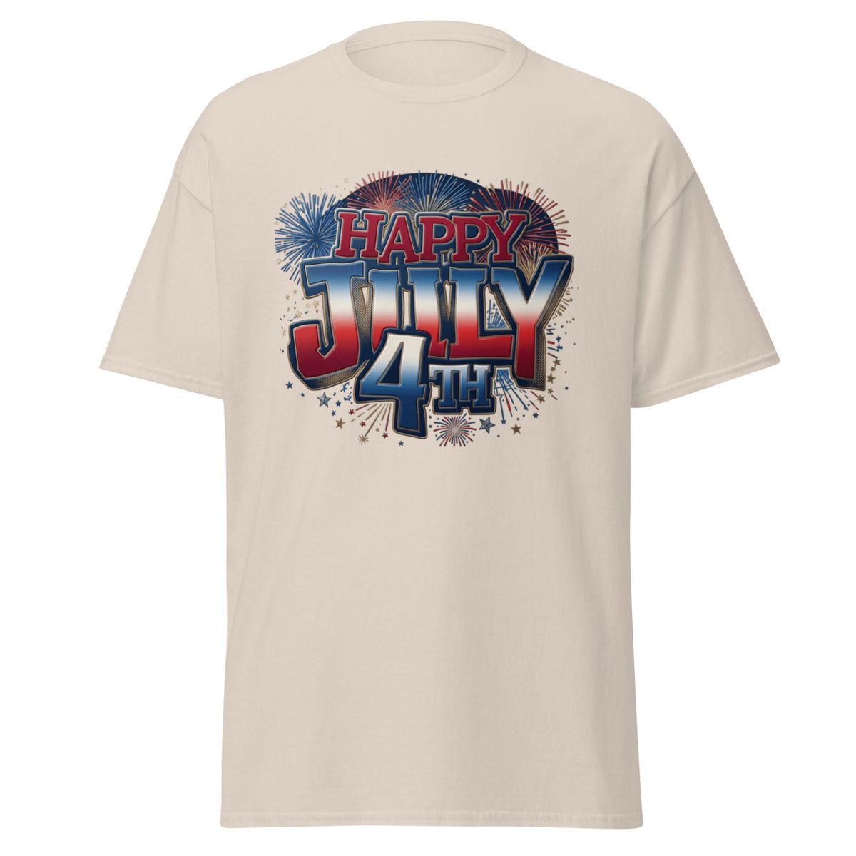 Happy 4th of July patriotic t-shirt in natural, front view