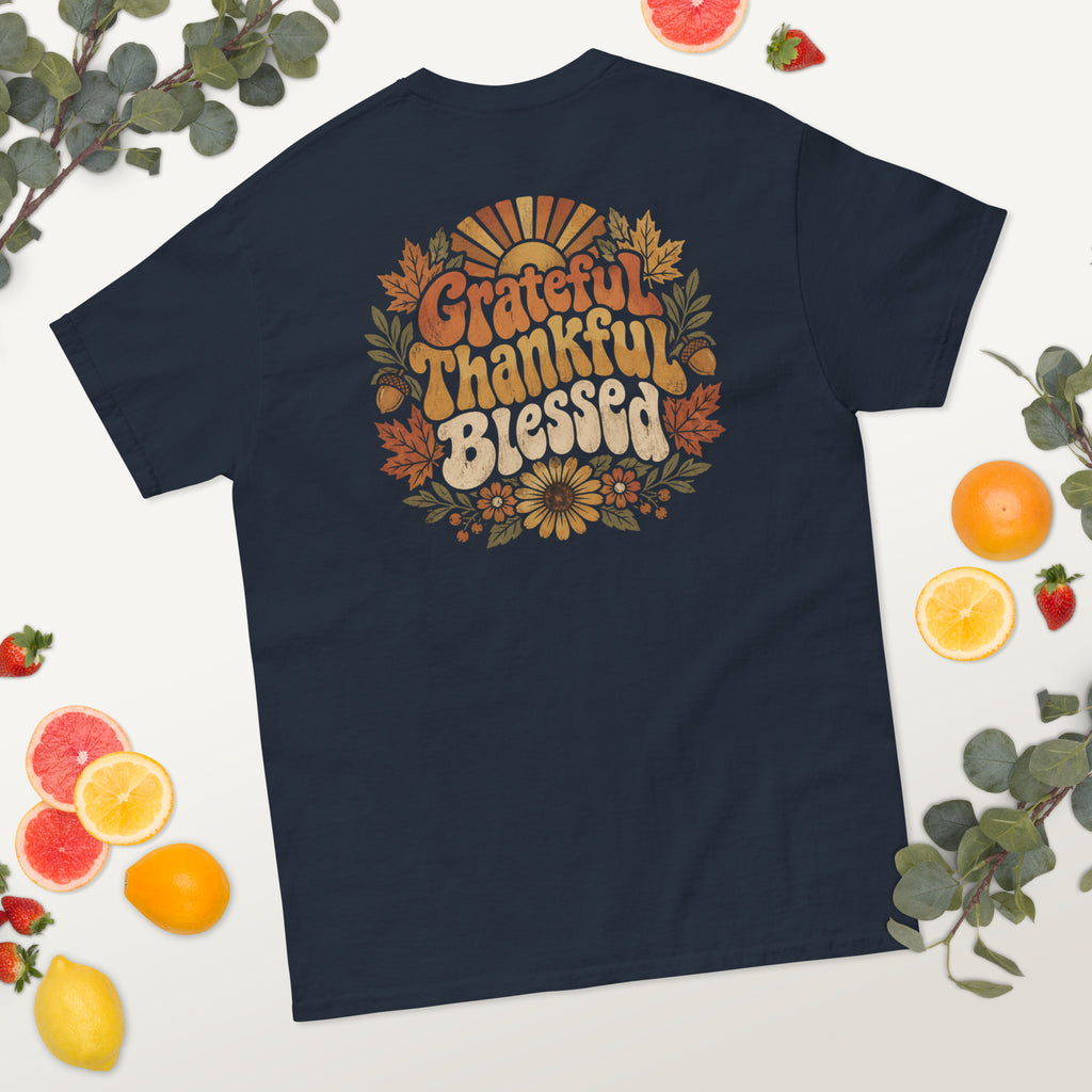 Grateful Thankful Blessed tee with retro lettering, sunflowers, and fall leaves — alternate view
