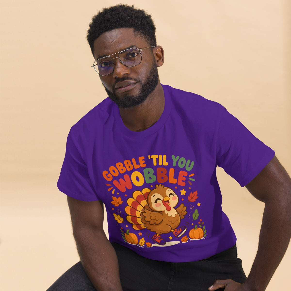 Gobble Til You Wobble Thanksgiving tee with a dancing cartoon turkey and pumpkins — alternate view