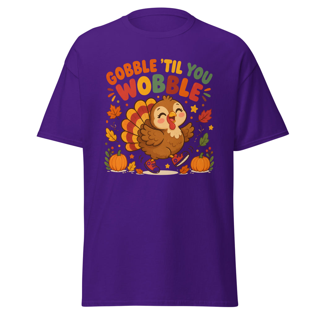 Gobble Til You Wobble Thanksgiving tee with a dancing cartoon turkey and pumpkins — alternate view