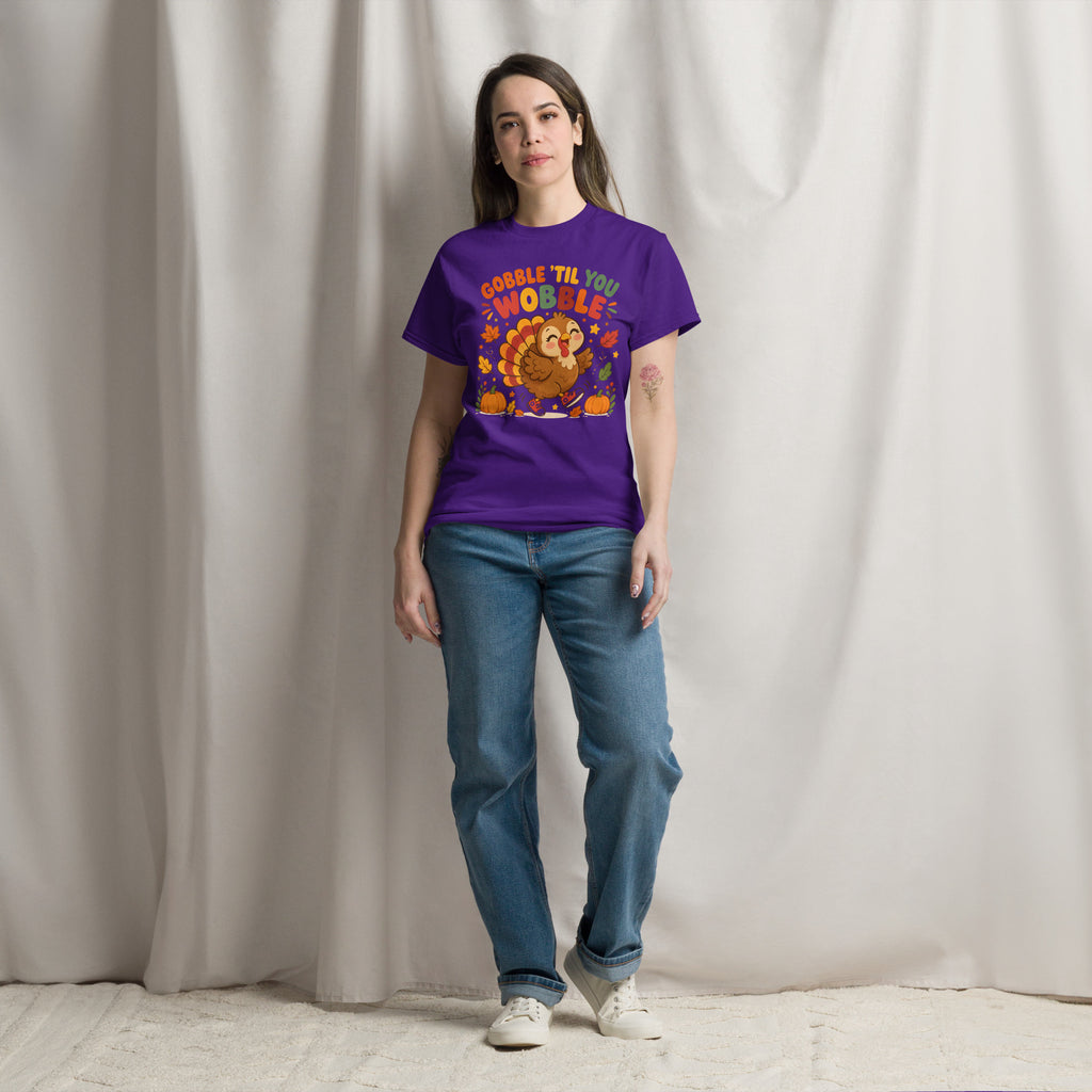 Gobble Til You Wobble Thanksgiving tee with a dancing cartoon turkey and pumpkins — alternate view