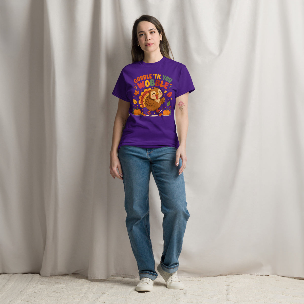 Gobble Til You Wobble Thanksgiving tee with a dancing cartoon turkey and pumpkins — alternate view
