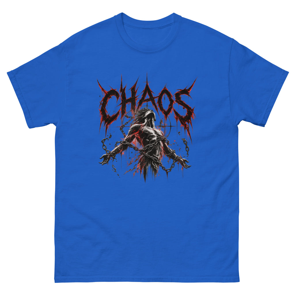 Blue shirt mockup of the man in chaos graphic tee