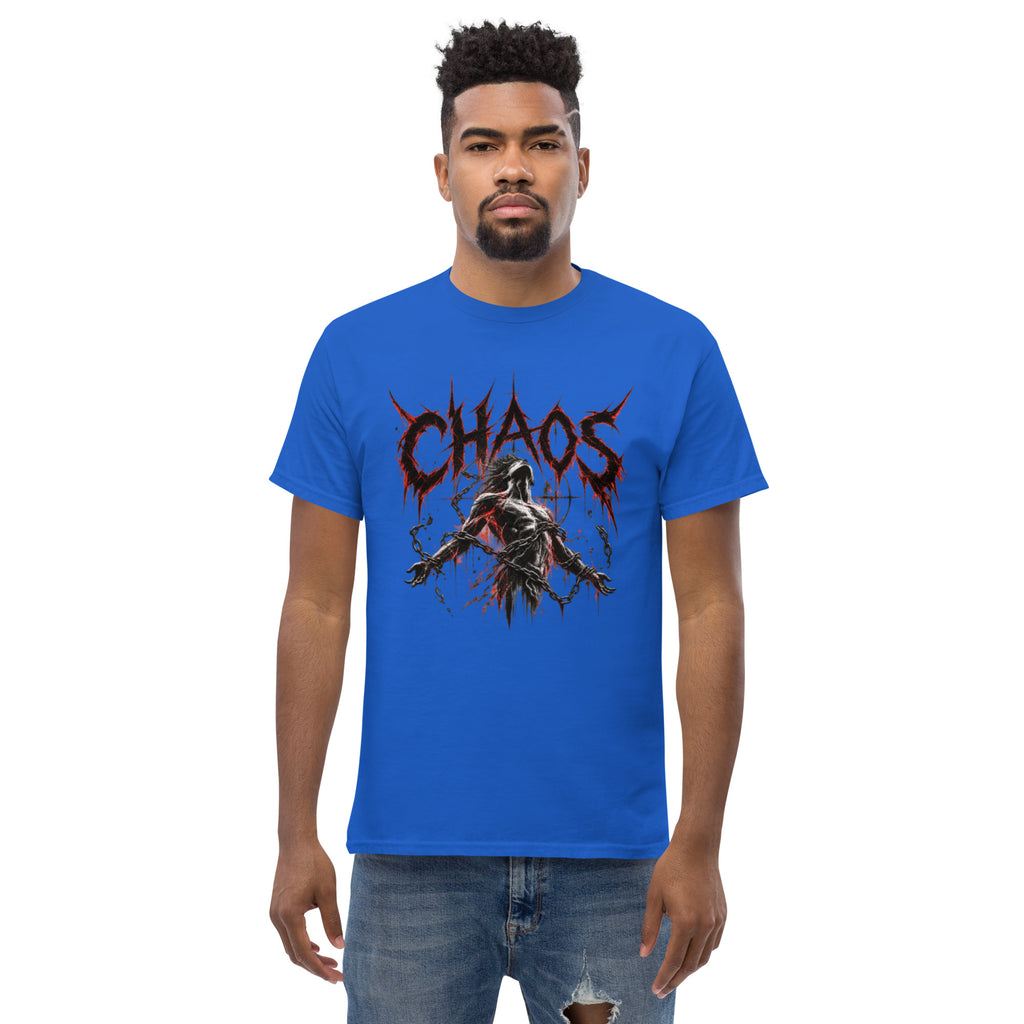 A Man wearing the a blue shirt of the man in chaos graphic tee