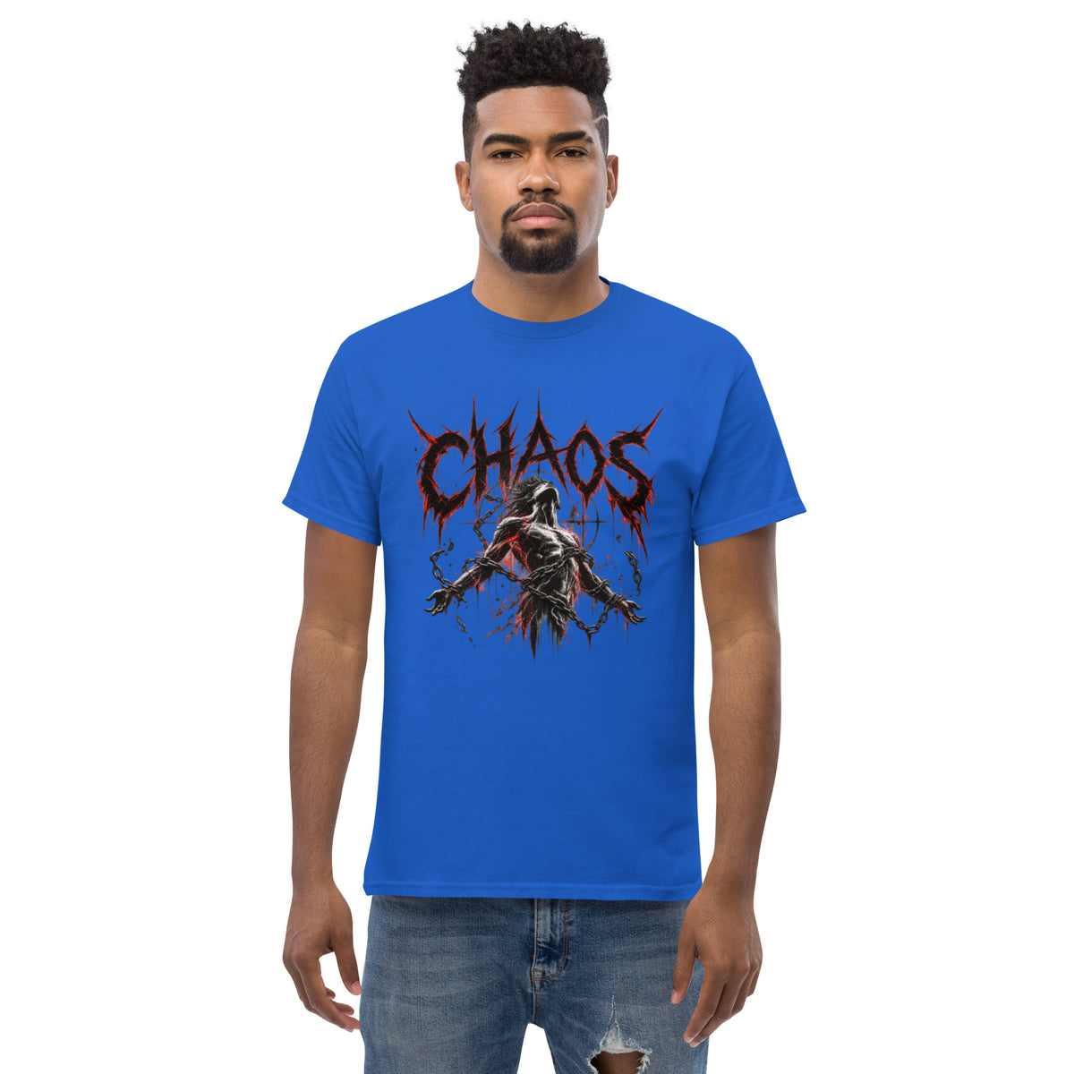 A Man wearing the a blue shirt of the man in chaos graphic tee