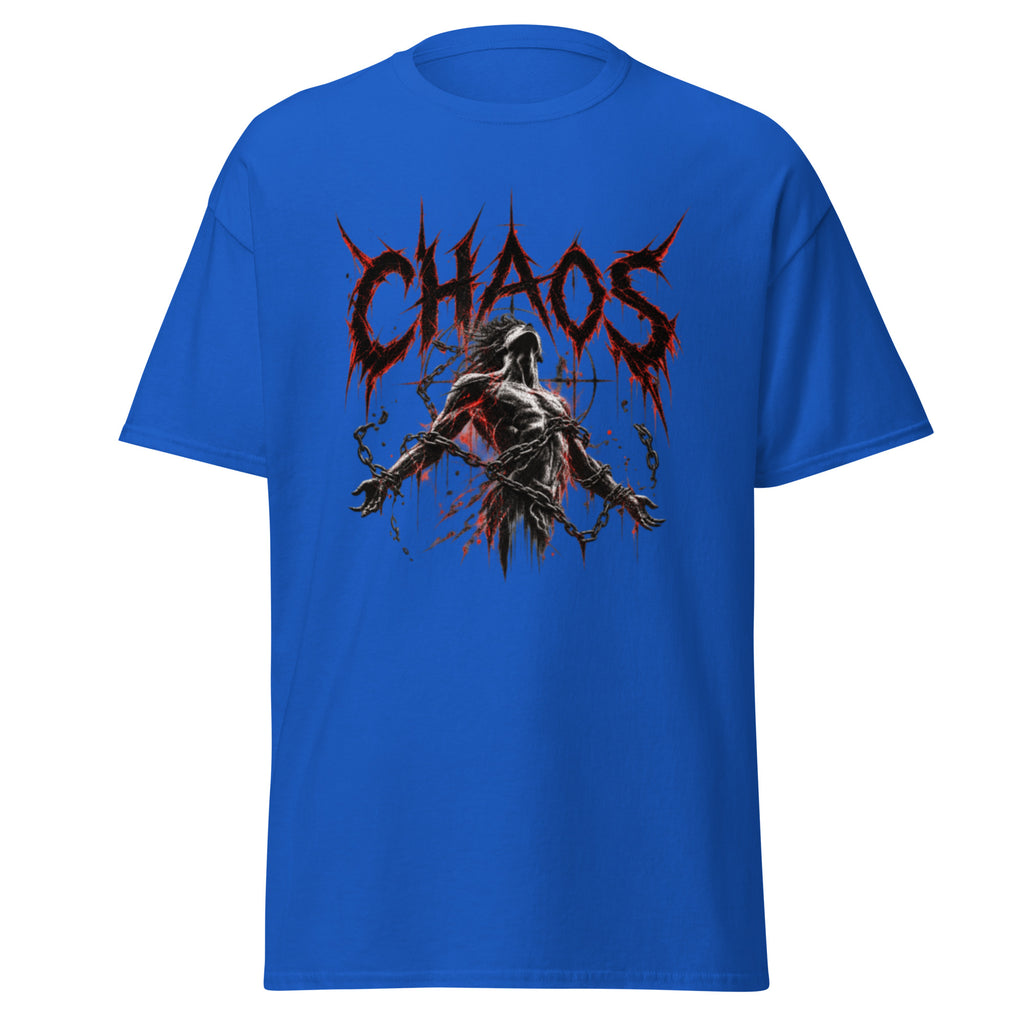Blue shirt mockup of the man in chaos graphic tee