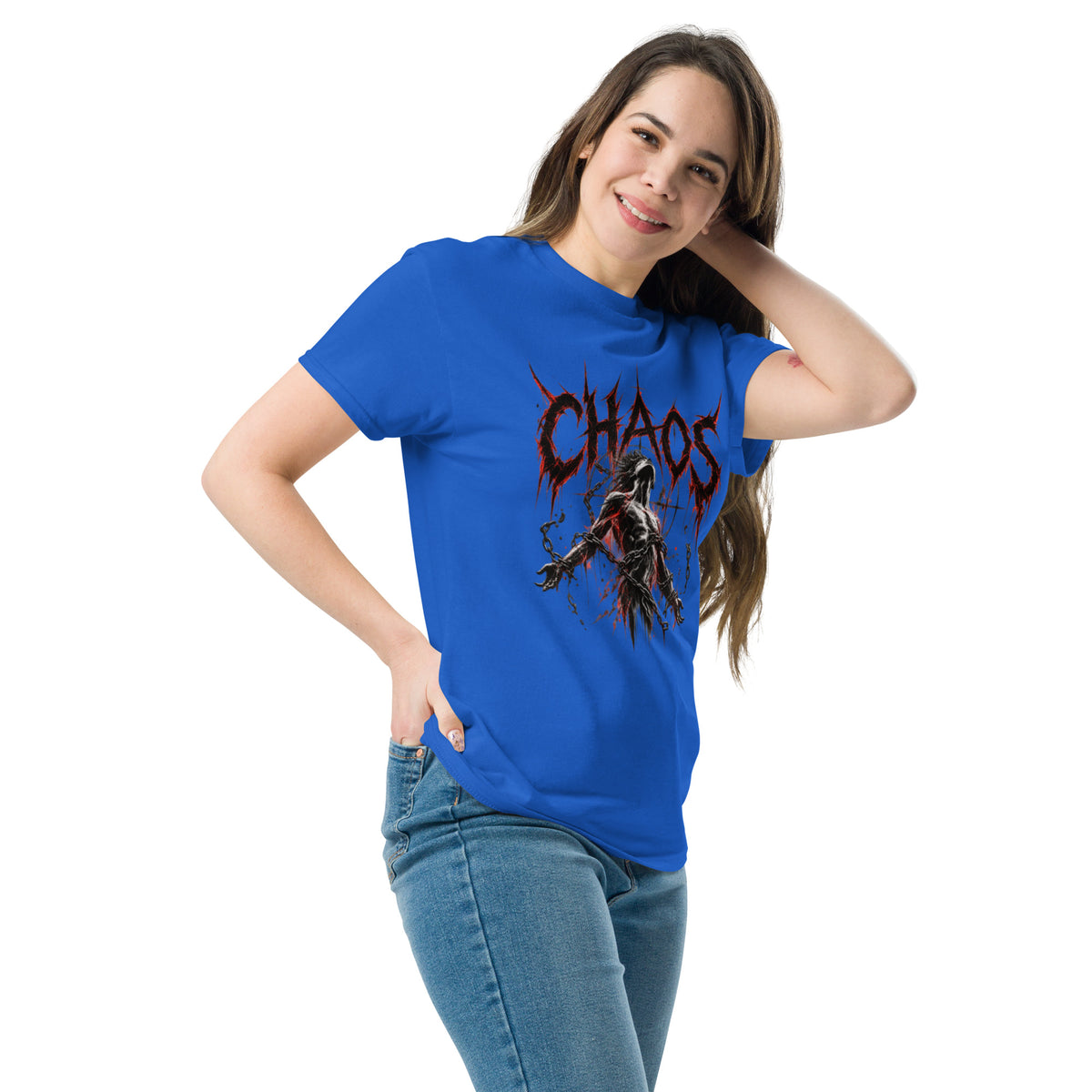 A woman modeling a royal blue graphic t-shirt with a red and black 'Chaos' design, paired with blue jeans, against a plain white background.