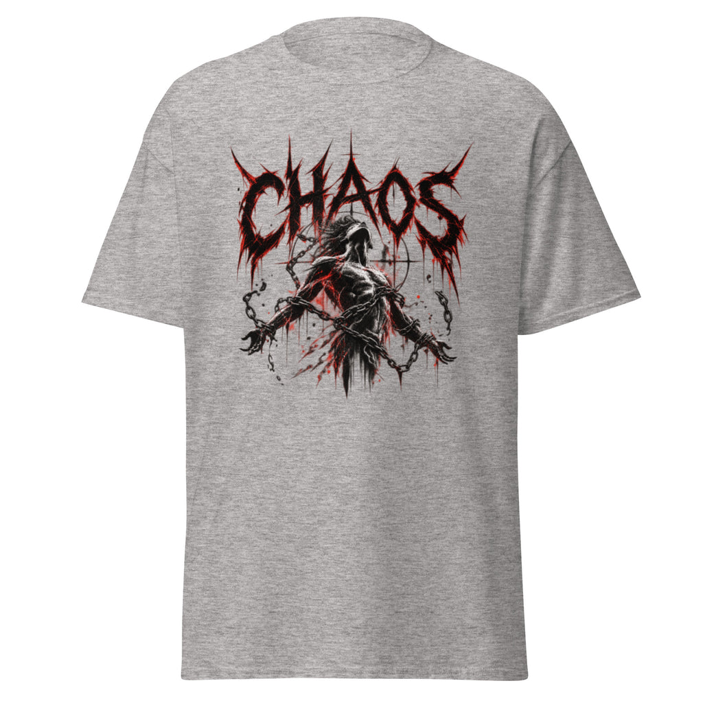 A heather color shirt of Man in Chaos Graphic Tee