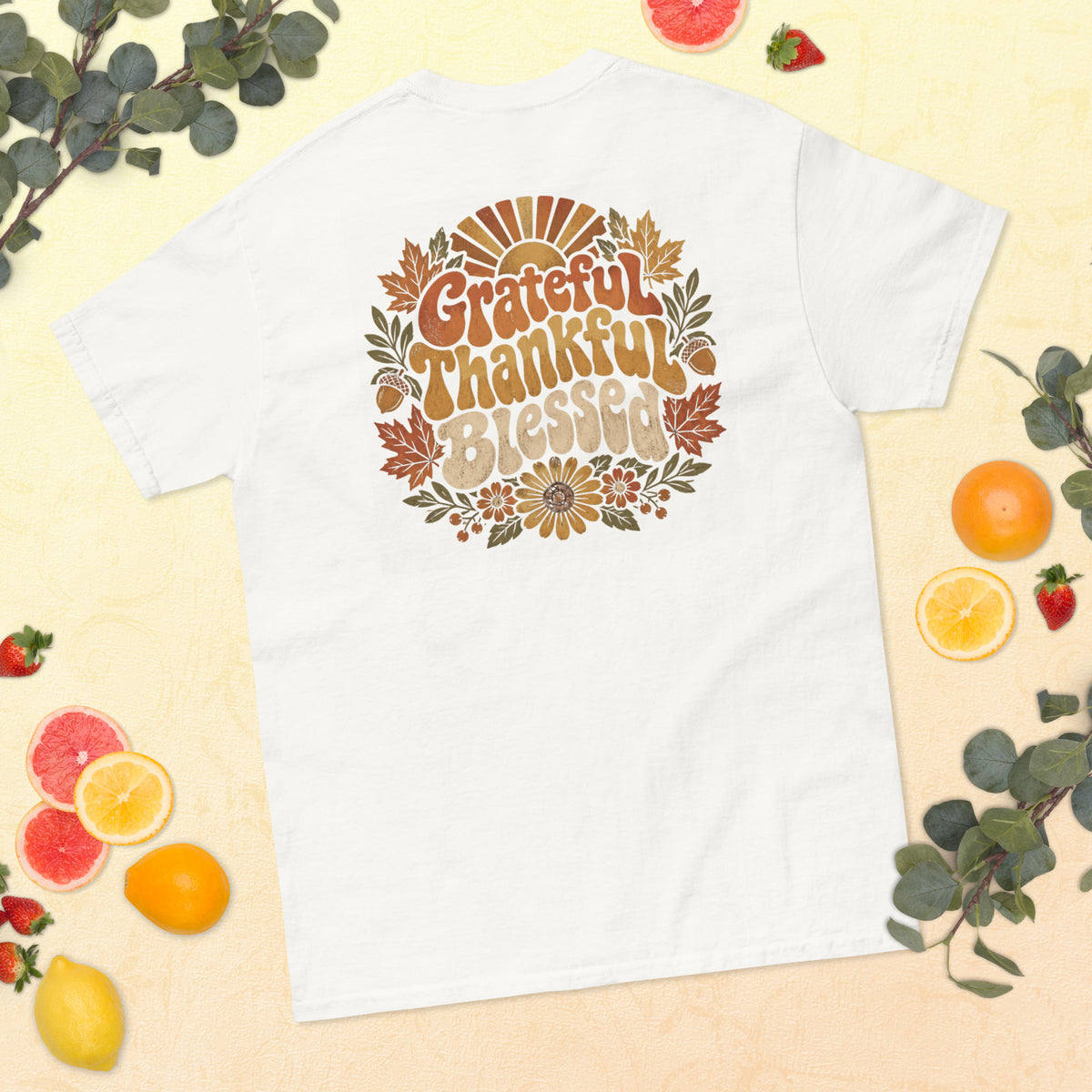 Grateful Thankful Blessed tee with retro lettering, sunflowers, and fall leaves — alternate view