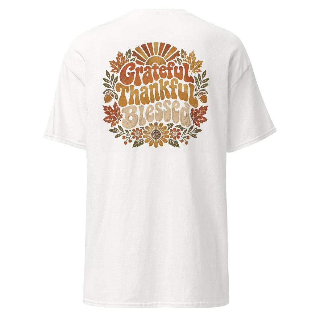 Grateful Thankful Blessed tee with retro lettering, sunflowers, and fall leaves — alternate view