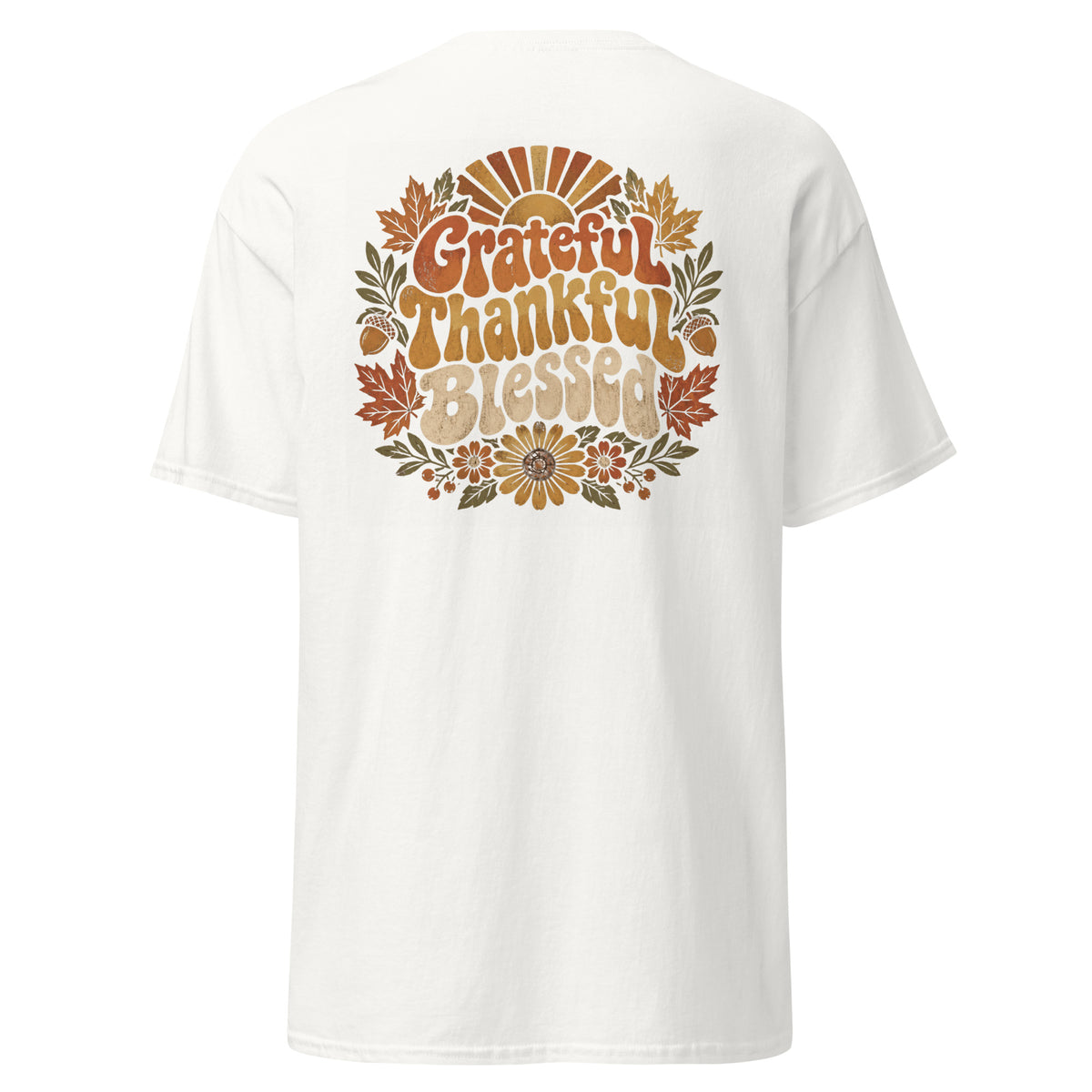 Grateful Thankful Blessed tee with retro lettering, sunflowers, and fall leaves — alternate view