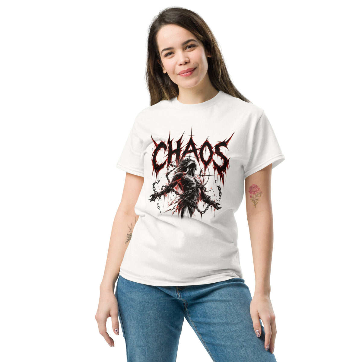 A Woman wearing a white tee of Man in Chaos graphic tee