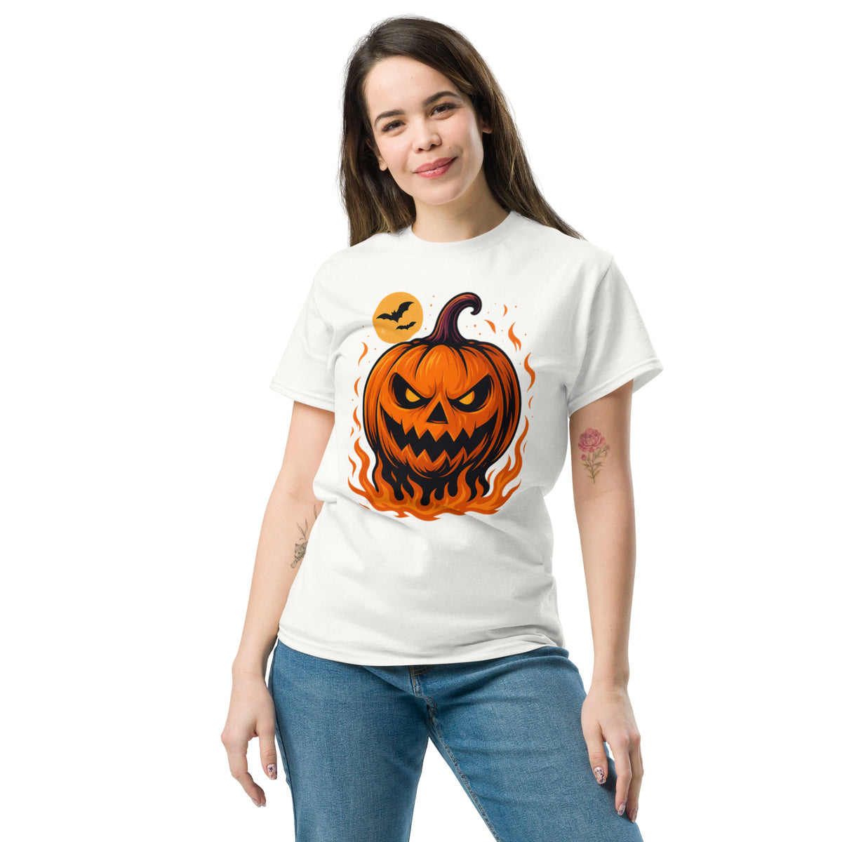 Woman wearing a white t-shirt with a graphic design on a white background
