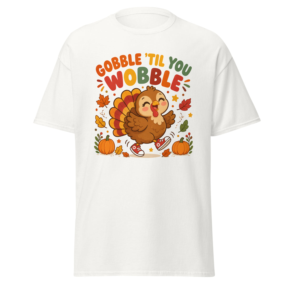 Gobble Til You Wobble Thanksgiving tee with a dancing cartoon turkey and pumpkins — alternate view