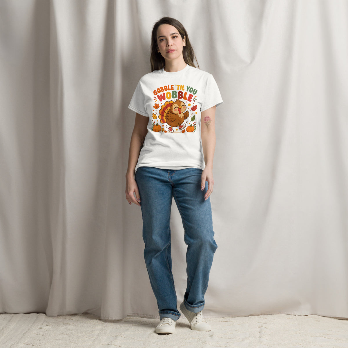 Gobble Til You Wobble Thanksgiving tee with a dancing cartoon turkey and pumpkins — alternate view