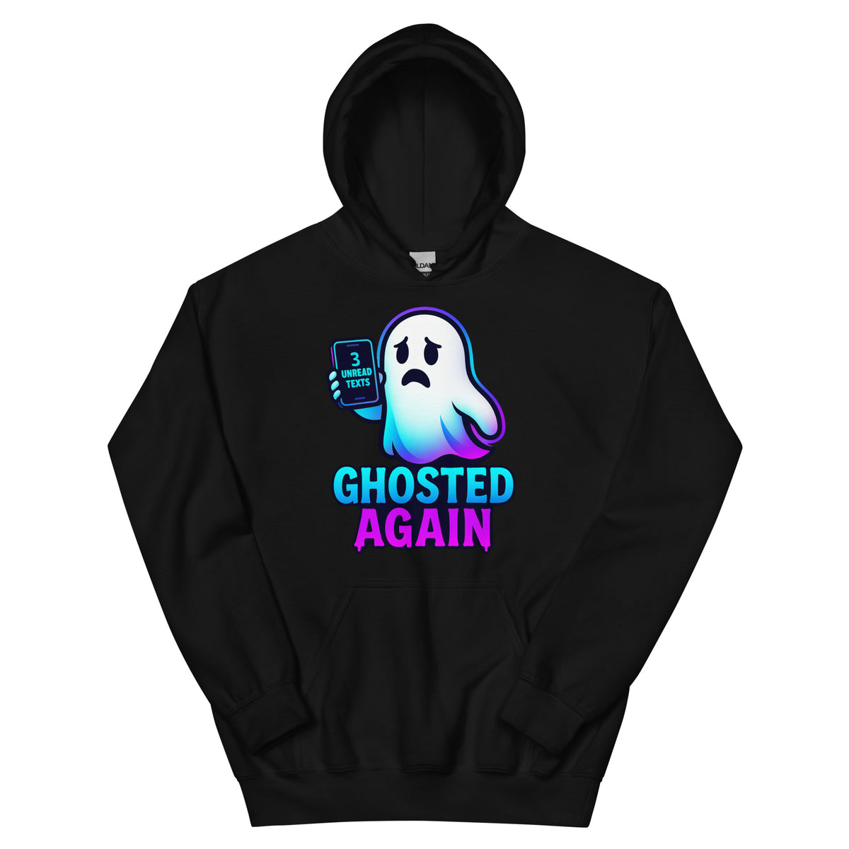 A black pullover hoodie with a colorful graphic on the chest of a sad ghost holding a phone and the text 'GHOSTED AGAIN' in blue and pink, shown on a plain white background.