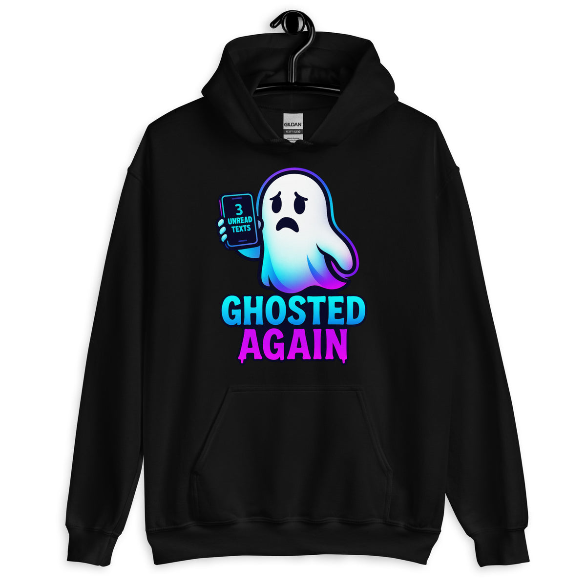 A black pullover hoodie with a graphic of a sad, glowing blue and purple ghost holding a phone that says '3 MORE TESTS' above the text 'GHOSTED AGAIN' in blue and pink, shown on a hanger against a white background.