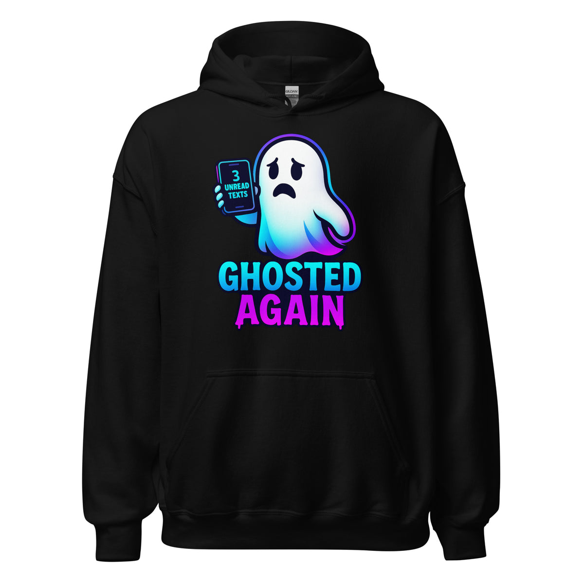 A black pullover hoodie featuring a graphic of a ghost holding a phone with the text '3 GHOSTED VENTUS' above the words 'GHOSTED AGAIN' in blue and pink, shown on a plain white background.