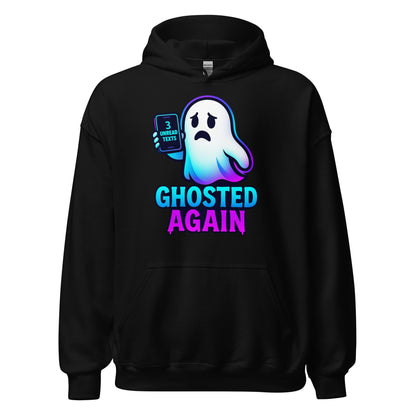 A black pullover hoodie featuring a graphic of a ghost holding a phone with the text '3 GHOSTED VENTUS' above the words 'GHOSTED AGAIN' in blue and pink, shown on a plain white background.