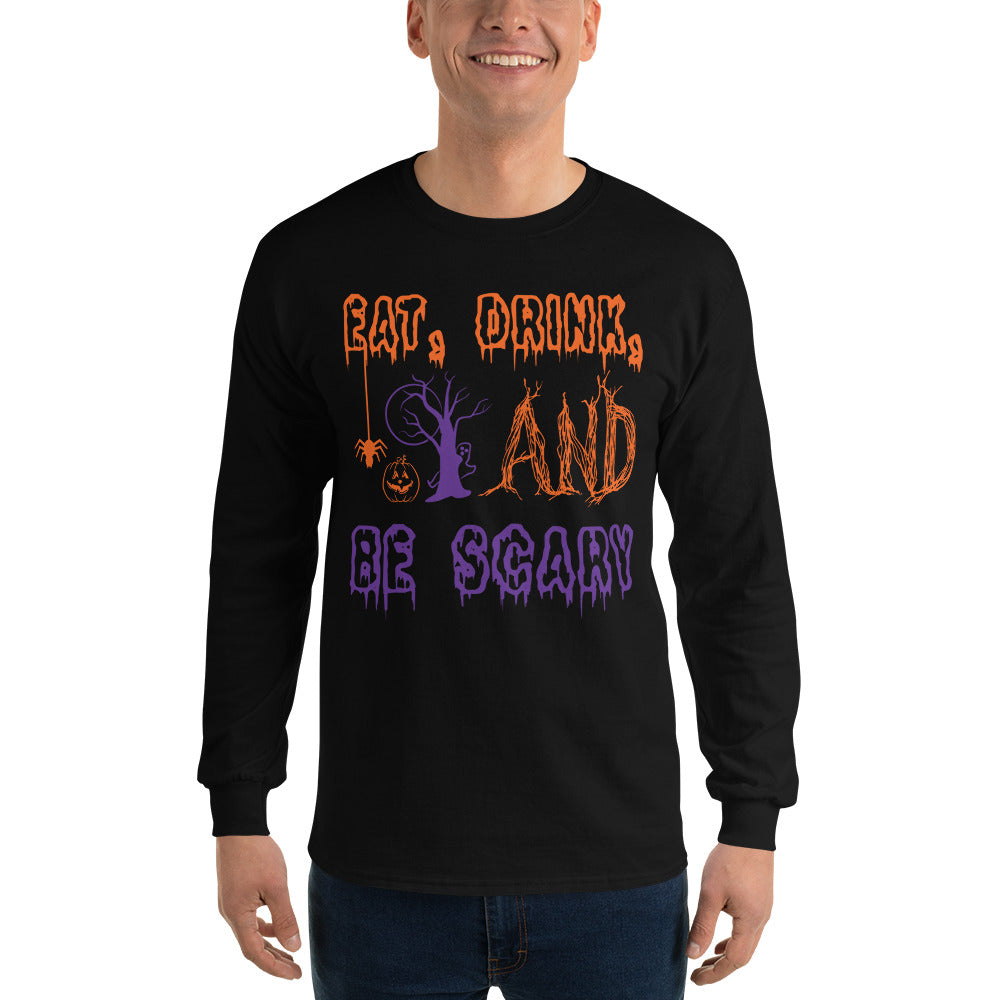 Eat, Drink, And Be Scary Long Sleeve Shirt long sleeve tee in black — front view