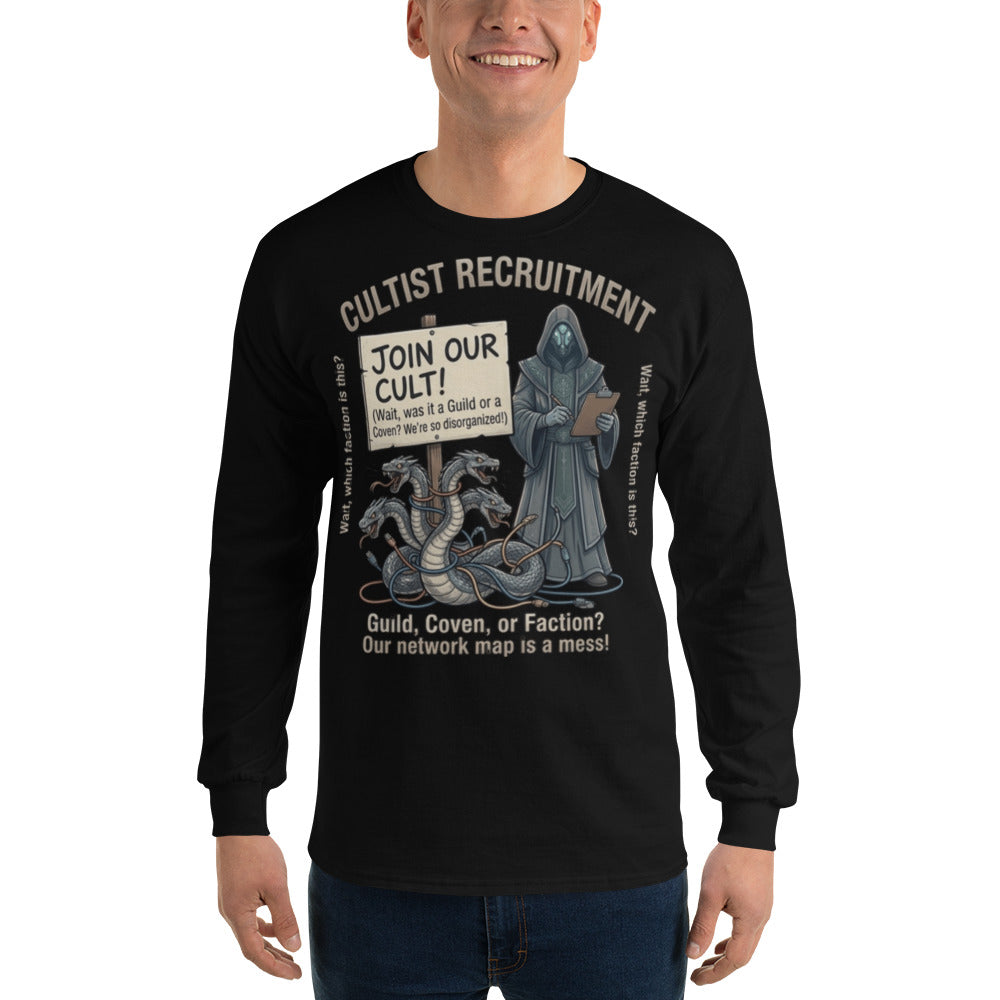 Cultist Recruitment Long Sleeve Shirt long sleeve tee in black — front view