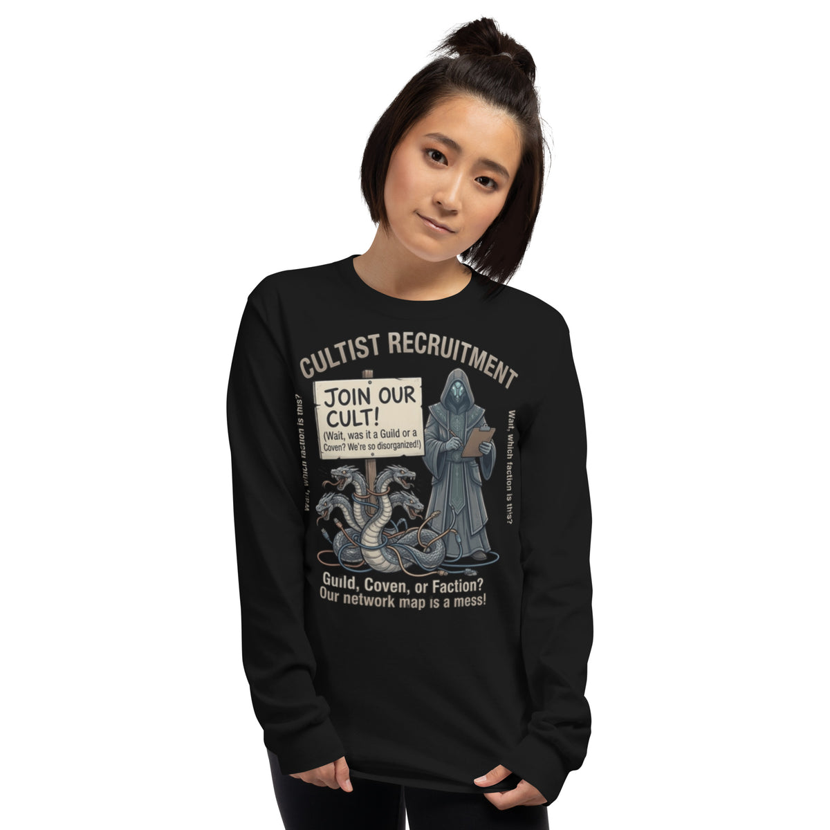 Cultist Recruitment Long Sleeve Shirt long sleeve tee in black — front view