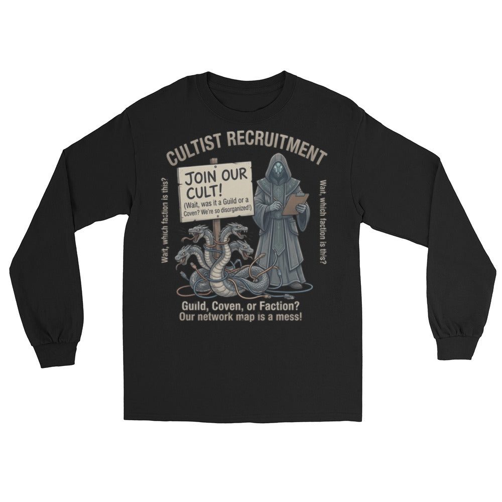 Cultist Recruitment Long Sleeve Shirt long sleeve tee in black — front view