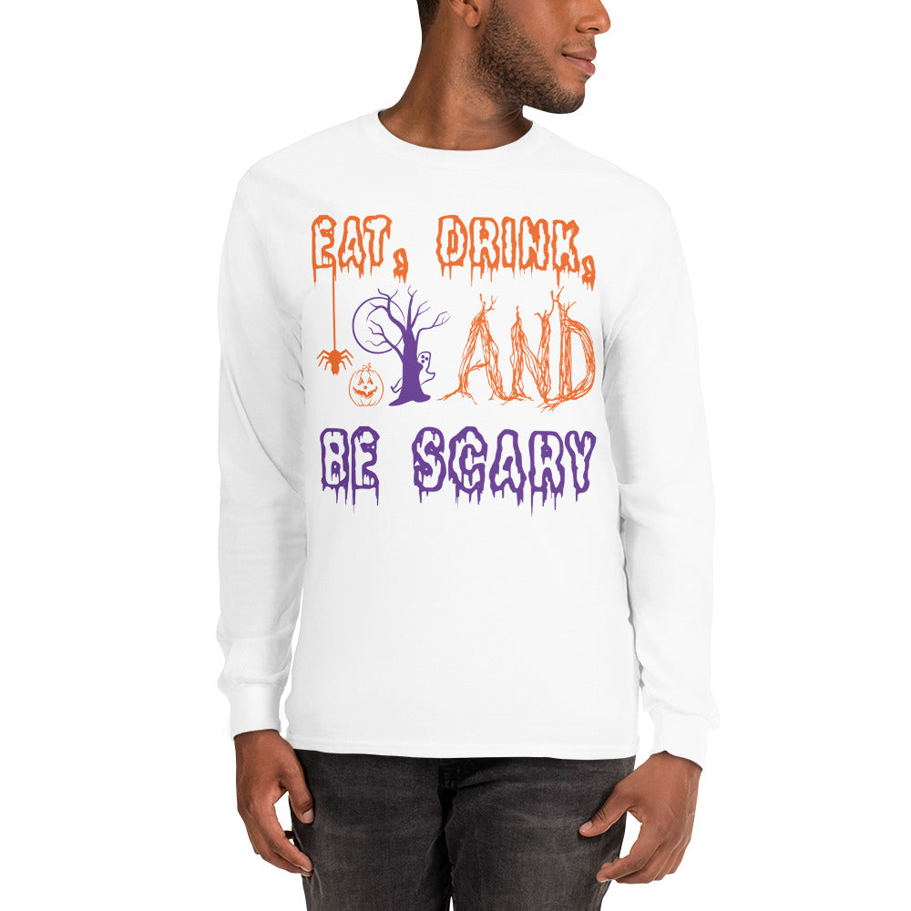 Eat, Drink, And Be Scary Long Sleeve Shirt long sleeve tee in white — front view