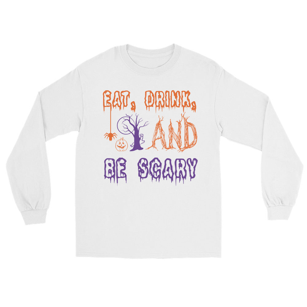 Eat, Drink, And Be Scary Long Sleeve Shirt long sleeve tee in white — front view