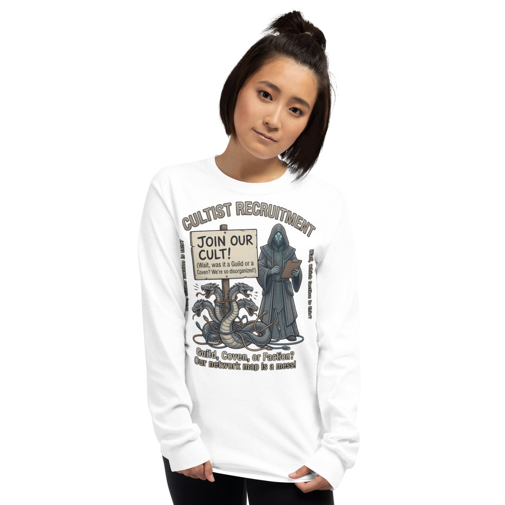 Cultist Recruitment Long Sleeve Shirt long sleeve tee in white — front view