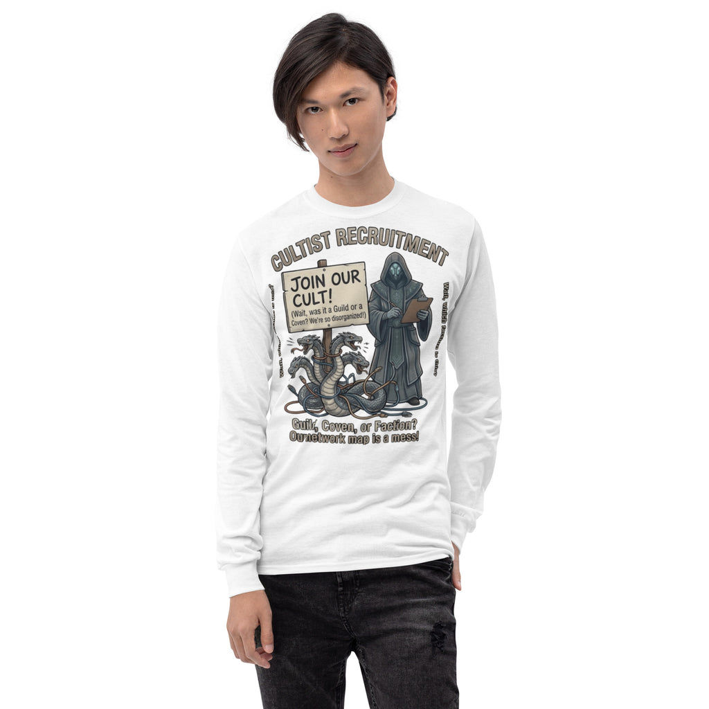 Cultist Recruitment Long Sleeve Shirt long sleeve tee in white — front view